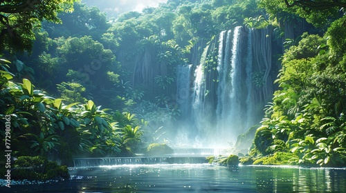 A serene waterfall surrounded by lush greenery and tropical plants  evoking a sense of tranquility and connection to nature. Generative AI