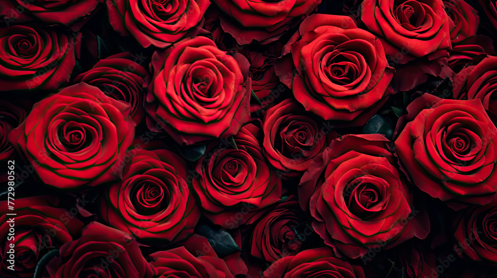 Close-up of vibrant red roses and green leaves Close-up of vibrant red roses and green leaves