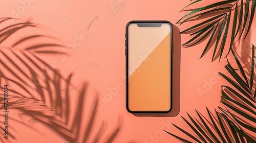 Smartphone on coral surface with palm leaf shadow and orange reflection.