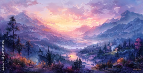 Purple Sunset Mountain Range Generative AI