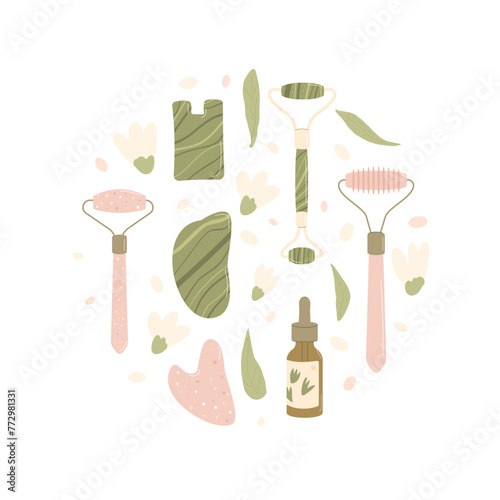 Gua sha beauty procedure with jade stone round shape set. Facial massage elements. Face lifting massage with facial tool. Skincare spa. Vector illustration isolated on white background