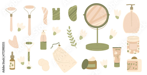 Facial massage elements. Gua sha beauty procedure with jade stone set. Anti-aging beauty skincare tool. Vector illustration isolated on white background