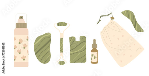 Gua sha beauty procedure with stone set. green quartz roller and accessories. Facial massage elements. Skincare spa. Vector illustration isolated on white background