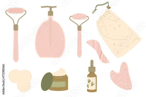 Roller and scraping plate, cream. Gua sha beauty procedure with stone set. Facial massage elements tool. Skincare spa. Vector illustration isolated on white background