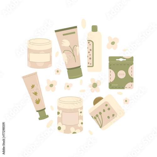 Beauty products circle emblem. Cleansing and moisturizing face. Skincare cosmetics round composition. Bottles, containers and tubes. Vector illustration.