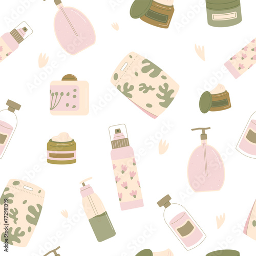Beauty products seamless pattern. Cleansing and moisturizing body skincare endless background. Skin, body cosmetics bottles, containers and tubes. Flat vector illustration