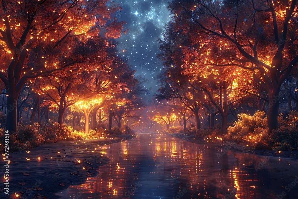 Glowing Trees and Starry Night A Magical Autumn Scene Generative AI Glowing Trees and Starry Night A Magical Autumn Scene Generative AI