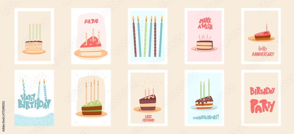 Happy Birthday and anniversary greeting card with cake set. Sweet bakery holiday. Pastry dessert with cream and candles festive flyer. Vector pie hand drawn illustration background.