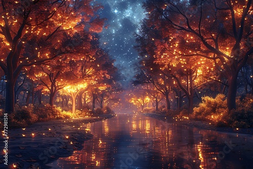 Glowing Trees and Starry Night A Magical Autumn Scene Generative AI
