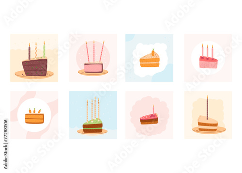 Happy Birthday greeting card with cake slice set. Sweet bakery holiday square posters for social media. Pastry dessert with cream and candles festive flyer. Vector hand drawn flat illustration.