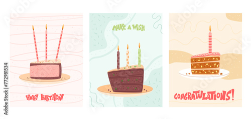 Happy Birthday greeting card with cake slice and lettering set. Sweet bakery piece holiday. Pastry dessert with cream and candles festive flyer. Vector hand drawn illustration