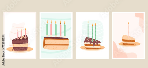 Birthday greeting cards set with cake slice. Sweet bakery holiday vertical posters. Pastry dessert with cream and candles festive flyer. Vector pie hand drawn illustration background.