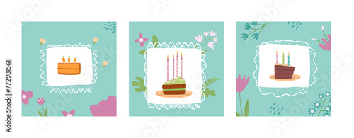 Happy Birthday greeting card with cake slice and flowers set. Sweet bakery holiday square posters for social media. Pastry dessert with candles festive flyers. Vector hand drawn illustration.