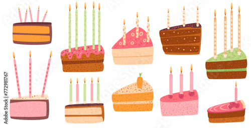 Birthday cake slices set. Sweet holiday bakery pieces collection. Pastry chocolate fruit, berry dessert with candles for breakfast. Vector hand drawn illustration isolated on white background.