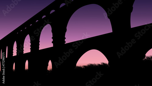 Roman aqueduct bridge landscape, flat color illustration