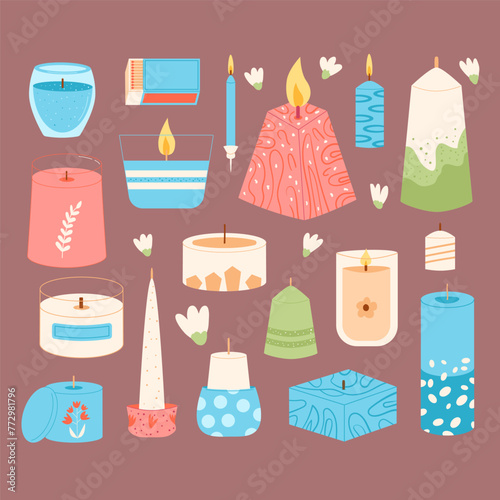 Scented crafted candles different shapes set. Wax, soy, paraffin candles in jar, containers pillar. Aroma spa accessories for relax collection. Home decor items. Vector flat illustration