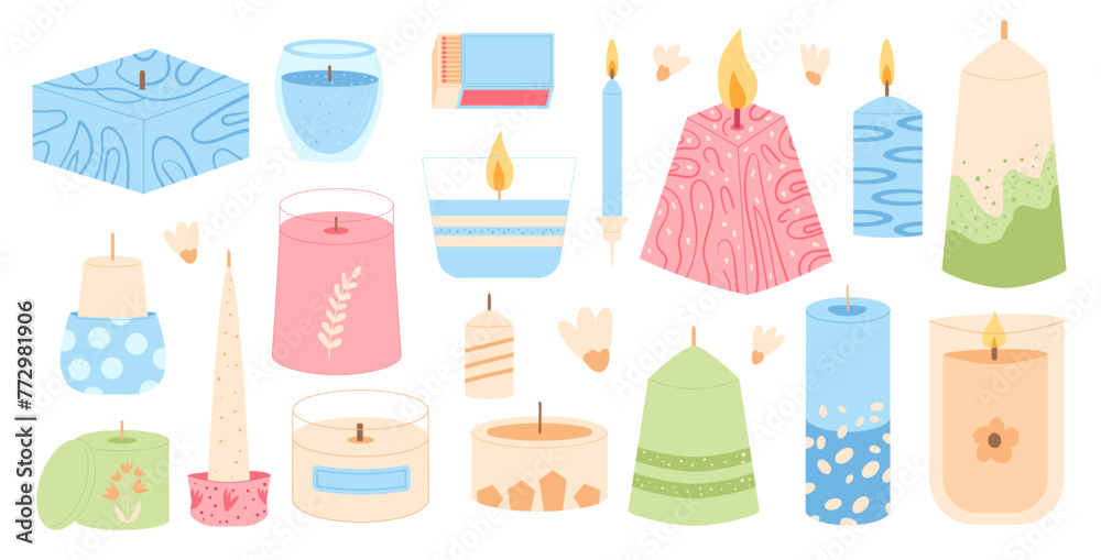 Scented crafted candles different shapes set. Wax, soy, paraffin candles in jar, containers pillar. Aroma spa accessories for relax collection. Home decor items. Vector flat illustration Scented crafted candles different shapes set. Wax, soy, paraffin candles in jar, containers pillar. Aroma spa accessories for relax collection. Home decor items. Vector flat illustration