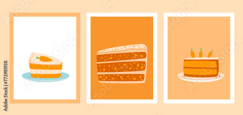 Slice of carrot cake cards set. Pastry dessert with cream for breakfast. Vector pie illustration