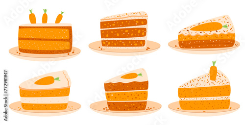 Slice of carrot cakes set. Sweet bakery pieces. Pastry dessert with cream and vegetables decoration. Vector pie illustration isolated on white background.