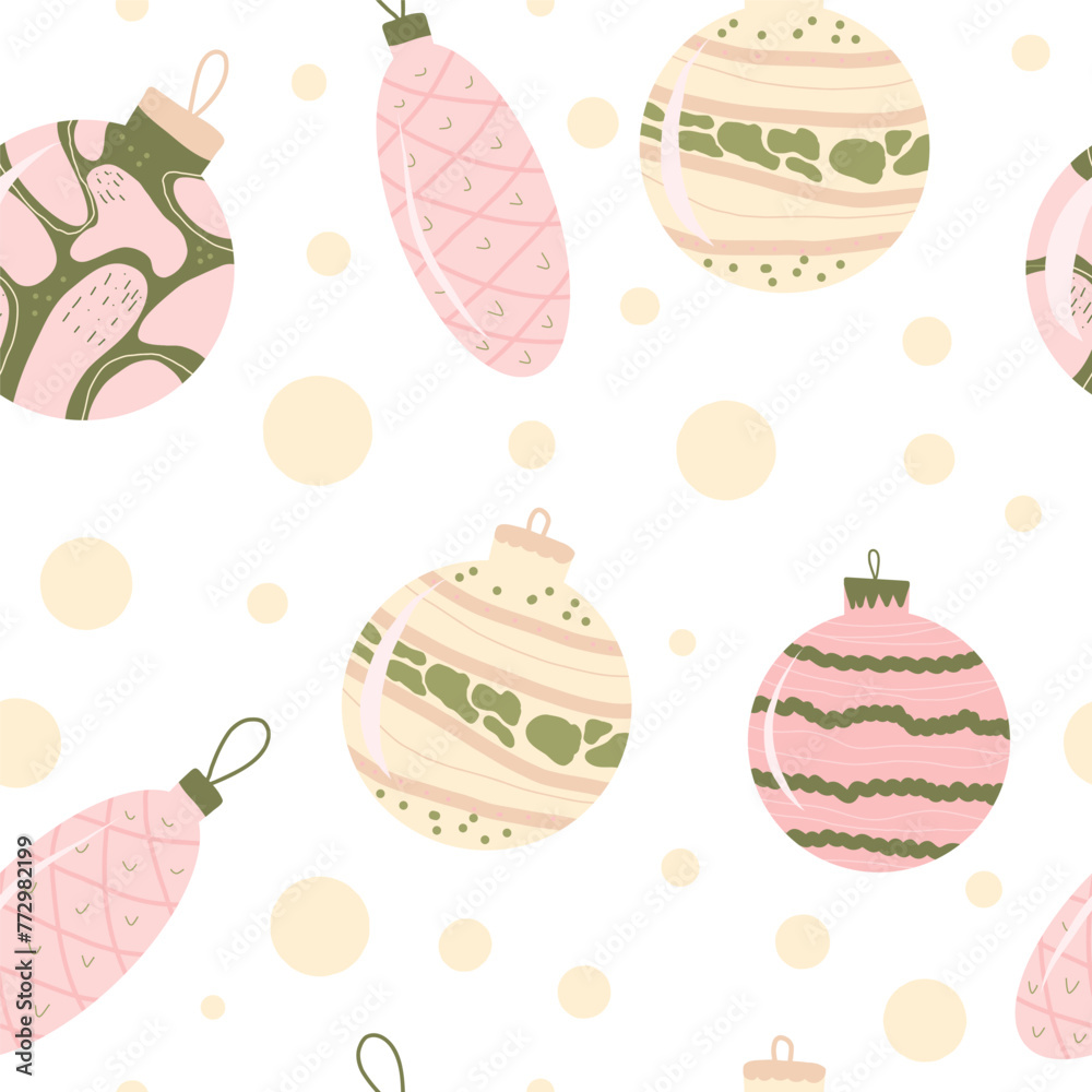 Seamless pattern of Christmas toys. Merry Christmas hand drawn endless background. Festive holiday symbol. Happy New Year cover. Vector winter illustration. Seamless pattern of Christmas toys. Merry Christmas hand drawn endless background. Festive holiday symbol. Happy New Year cover. Vector winter illustration.