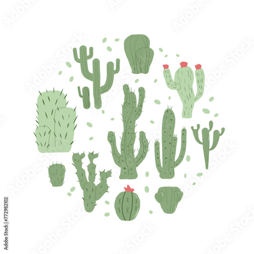 Cactus circle emblem set isolation on white background. Mexican cacti round badge. Exotic various plants collection Vector flat illustration