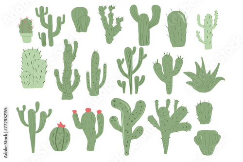Cactus hand drawn set isolation on white background. Mexican cacti and aloe. Exotic various succulent plants collection Vector illustration