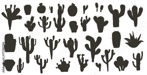 Cactus silhouette set isolation on white background. Mexican cacti and aloe. Exotic various plants collection Vector black simple flat illustration