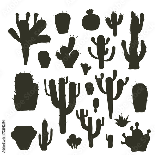 Cactus silhouette set isolation on white background. Mexican cacti and aloe. Exotic various plants collection Vector illustration