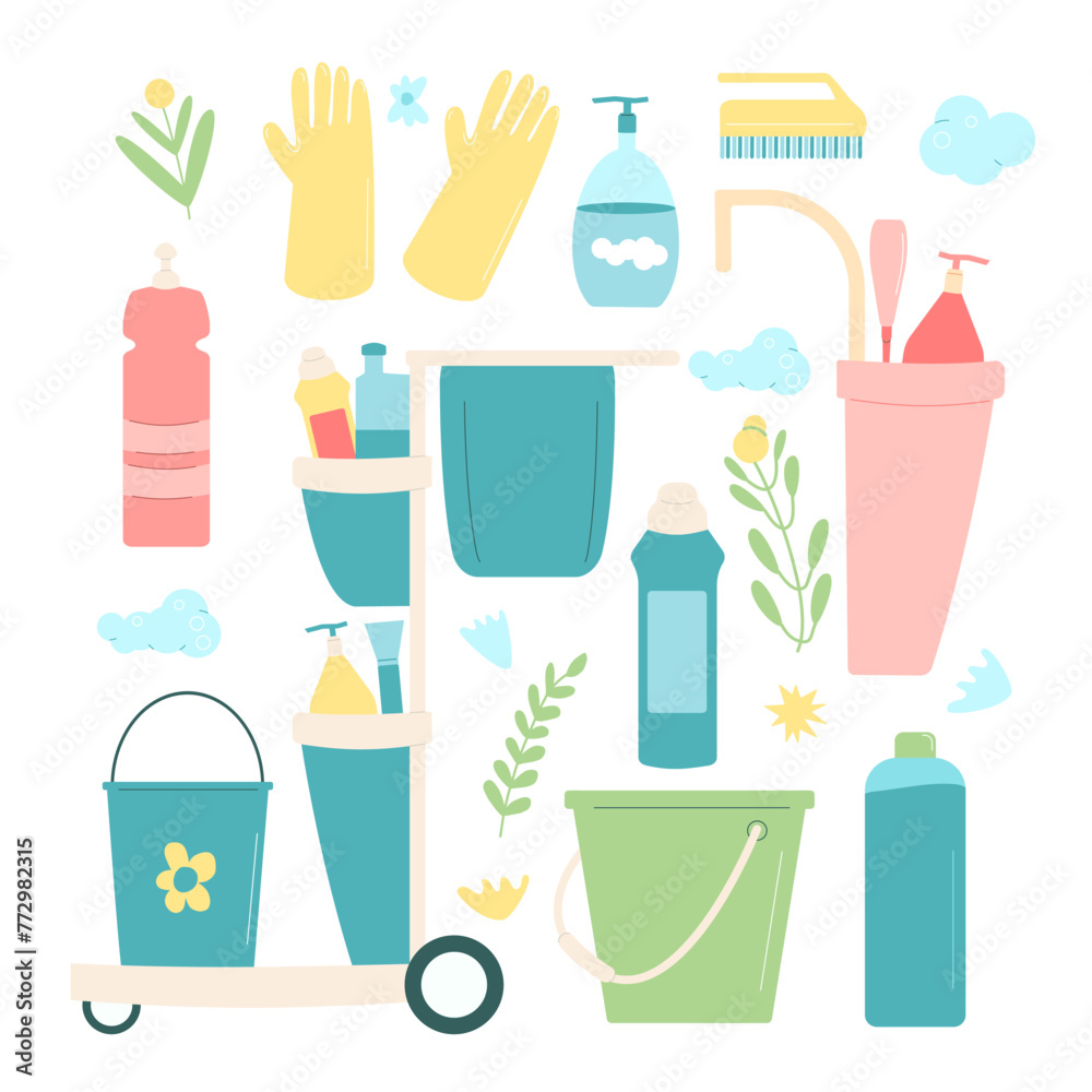 Spring cleaning set. Equipment elements for wash home isolated on white background. Housework concept. Bucket, cart gloves and mop spray various tools. Vector flat illustration Spring cleaning set. Equipment elements for wash home isolated on white background. Housework concept. Bucket, cart gloves and mop spray various tools. Vector flat illustration