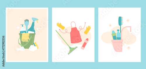 Spring cleaning poster set. Bucket, apron gloves and mop spray various tools banners. Equipment elements for wash home backgrounds collection. Housework card concept. Vector flat illustration