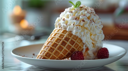 Ice cream cone with whipped cream and raspberries on a plate