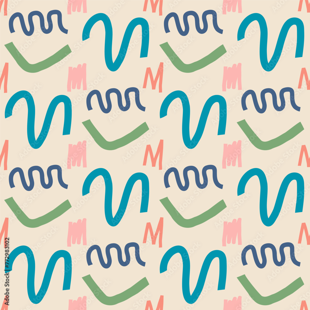 Abstract geometric seamless pattern. Scribble childish elements endless background. Doodle style repeat cover. simple loop ornament. Vector hand drawn illustration. Abstract geometric seamless pattern. Scribble childish elements endless background. Doodle style repeat cover. simple loop ornament. Vector hand drawn illustration.