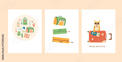 Travel with pets greeting card set. Tourism accessories and sight with domestic animals elements backgrounds. Trip for adventure and rest with dogs and cats banners. Vector illustration