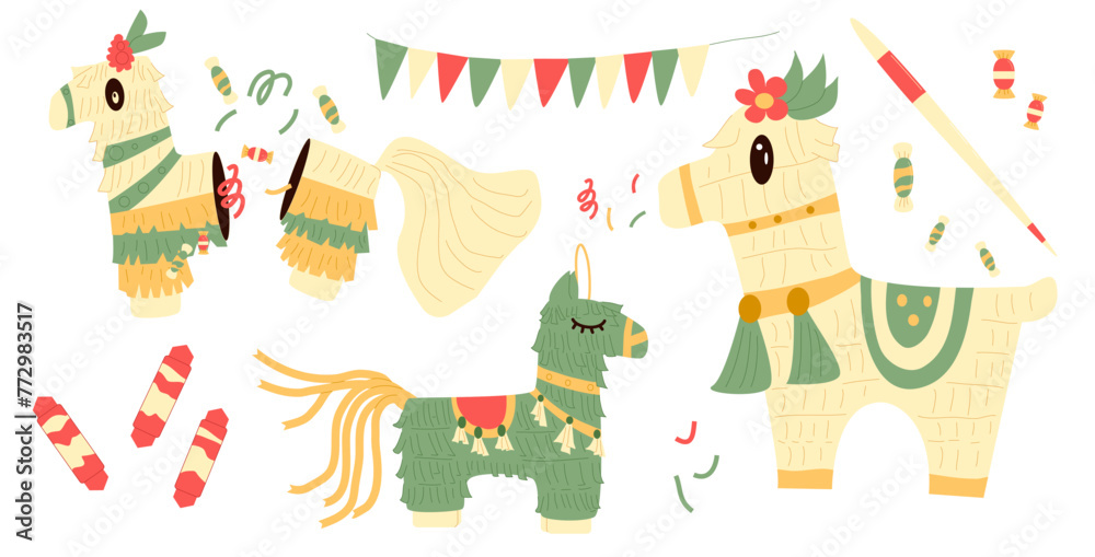 Pinana horse set for traditional mexican party. Carnival and birthday various toy for celebration childish game. Vector illustration isolated on white background