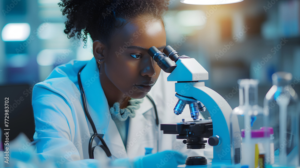 Medical Science Laboratory: Portrait of Beautiful Black Scientist Looking Under Microscope Does Analysis of Test Sample. Ambitious Young Biotechnology Specialist, working with Advanced Equipment Medical Science Laboratory: Portrait of Beautiful Black Scientist Looking Under Microscope Does Analysis of Test Sample. Ambitious Young Biotechnology Specialist, working with Advanced Equipment