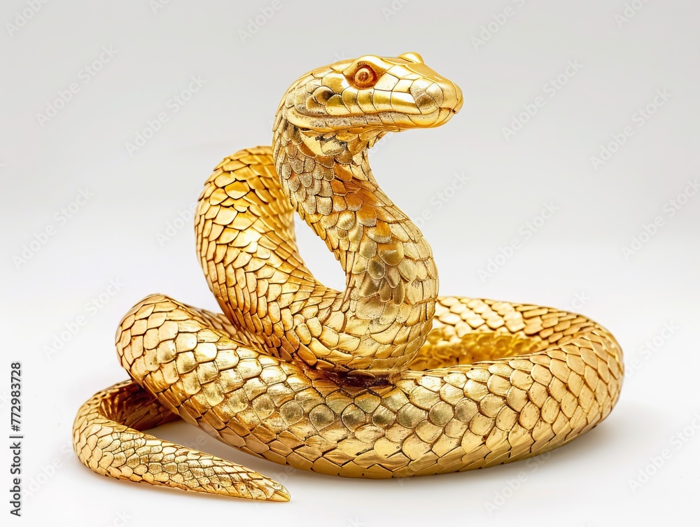 Fototapeta premium A golden serpent sculpture is coiled with its head raised