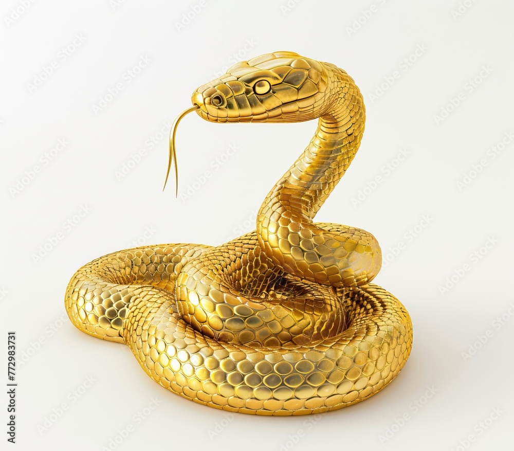 Fototapeta premium A golden, highly detailed, serpentine sculpture poses elegantly against a white background