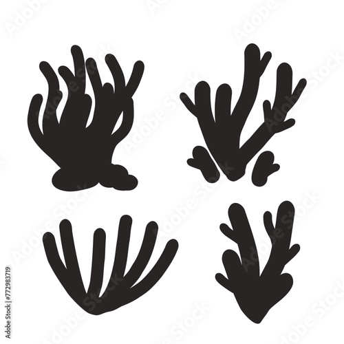 Coral reef black silhouette set isolated on white background. Sea underwater elements. Vector simple illustration