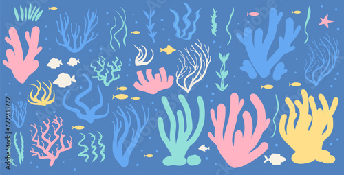 Coral reef and seaweed silhouette set isolated on white background. Underwater and aquarium plant elements. Vector handdrawn simple illustration