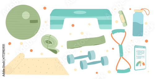 Fitness home workout equipment isolated on white background. Resistant band, ball, step platform. Vector flat illustration.