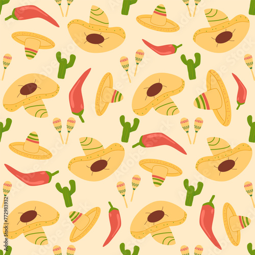 Mexican seamless pattern. Cactus, chili jalapeno pepper and sombrero with maraca repeat background. Hats of mariachi musicians endless cover. loop ornament. Vector illustration.