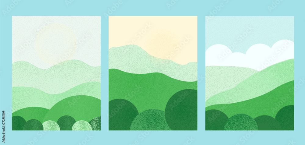 Fototapeta premium Summer landscape nature background s set. Abstract meadow banners vertical collection template with grass sky and cloud. Card with trees decoration. Vector textured illustration