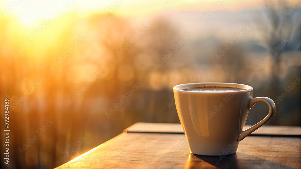 Cup of coffee and cappuccino on wooden table - obrazy, fototapety, plakaty 