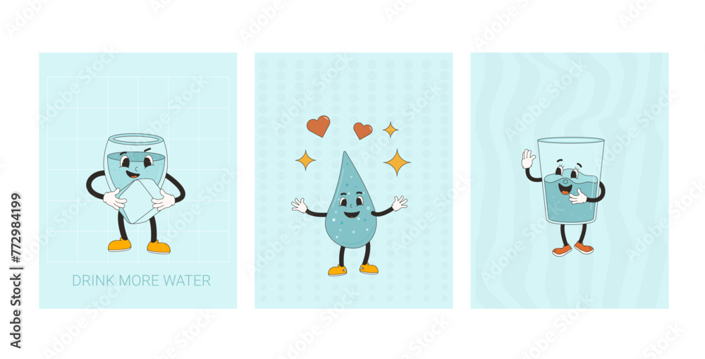 Drink more water banner set . Posters with retro drop and glasses characters. Healthy habit and wellness banner with rubber hose mascot. Vector flat illustration