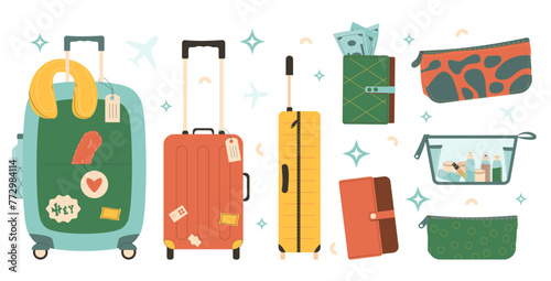 Travel bags set. Suitcases, wallet, beauty case and toiletry bag isolated on white background. Baggage vector illustration.