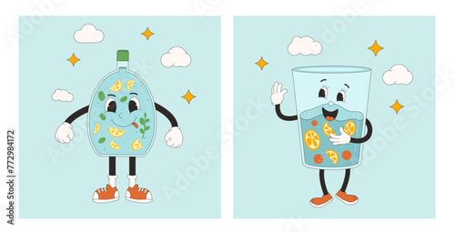 Bottle and glass of water with lemon and orange retro mascots. Homemade soft drink rubber hose groovy characters. Drink more water cards. Vector flat illustration