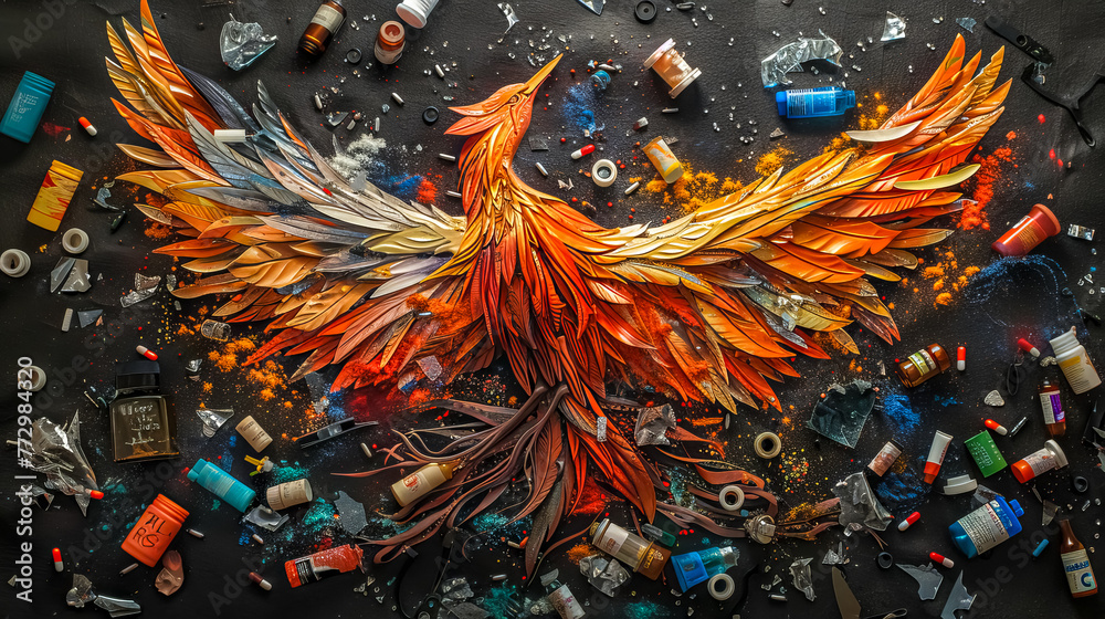 Vibrant phoenix art composition with artistic supplies
