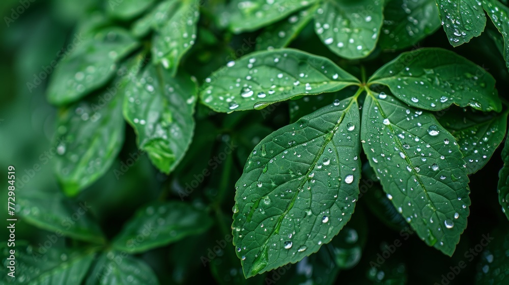 Close-up of green leaves with dew drops Close-up of green leaves with dew drops