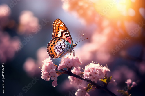 butterfly on pink flower in spring