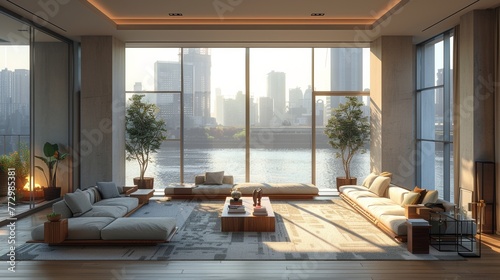 Modern living room interior with city view